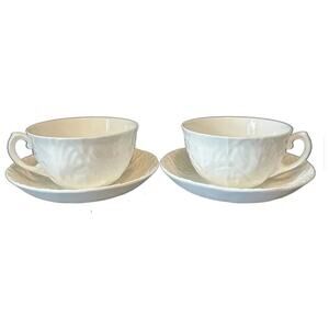 WEDGWOOD Countryware Flat Cup &Saucer Set of 2 All White Embossed Leaves No Trim